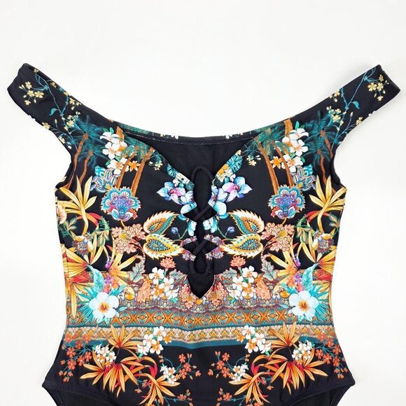 Kenneth Cole Off Shoulder Floral Tropical Stripe One Piece Swim Suit NEW - L - Picture 3 of 11